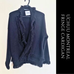 UCHUU Montreal Black Fringe Shawl Collar Cardigan - Boutique Knit